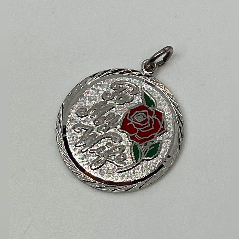 Vtg Sterling Silver & Enamel Floral Rose ‘ To My Wife ‘ Round Coin Charm | .9”L